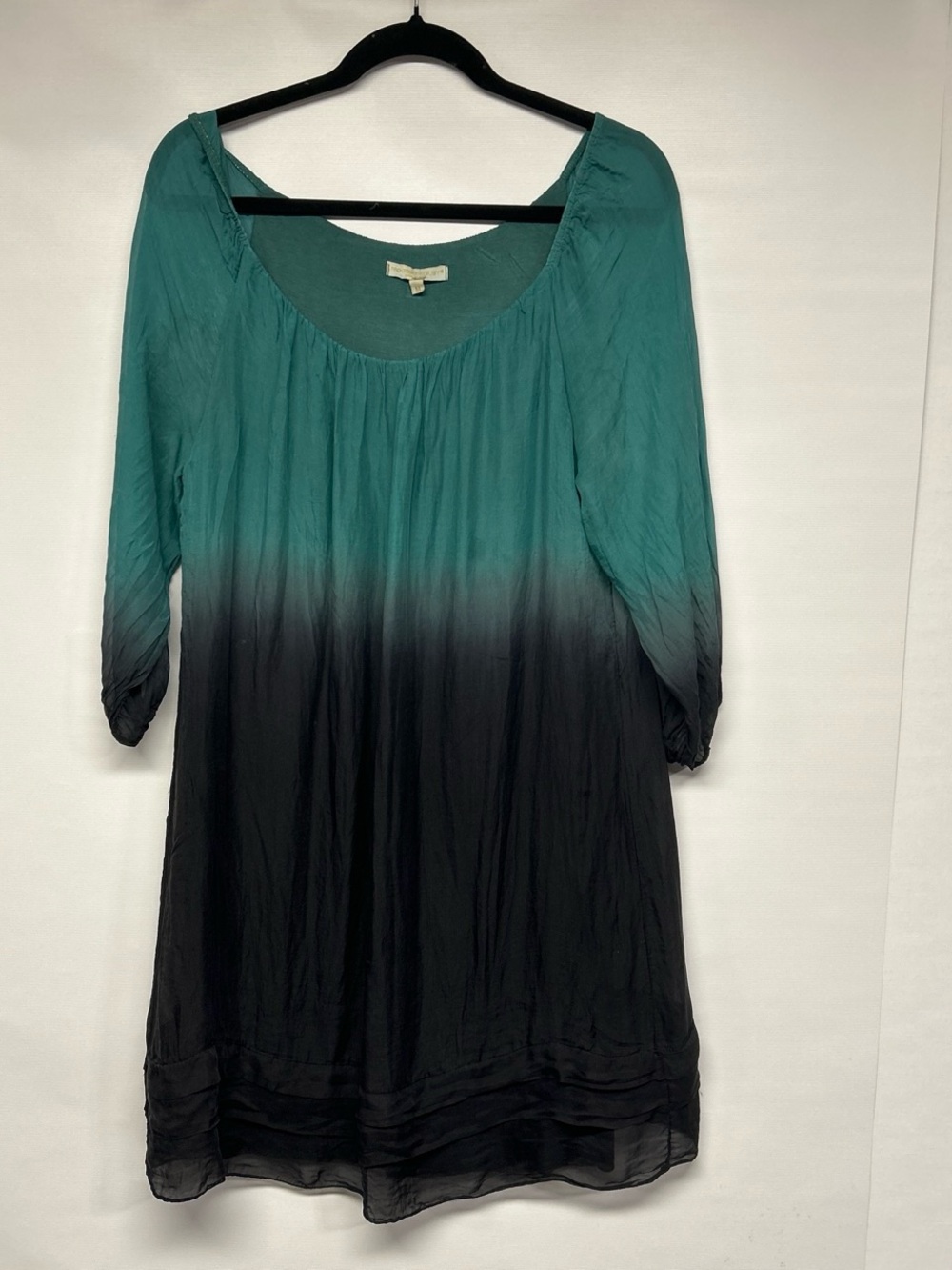 Ombre Teal to Black Scoop Neck Silk Mini Dress